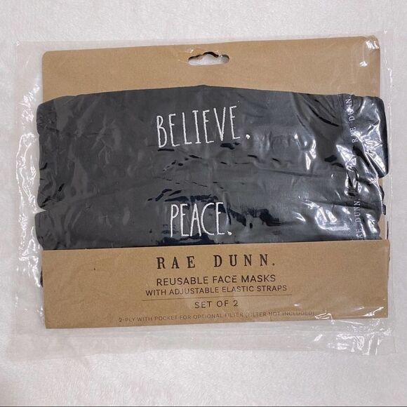 Rae Dunn Black Reusable Face Masks Believe Peace - Picture 1 of 2